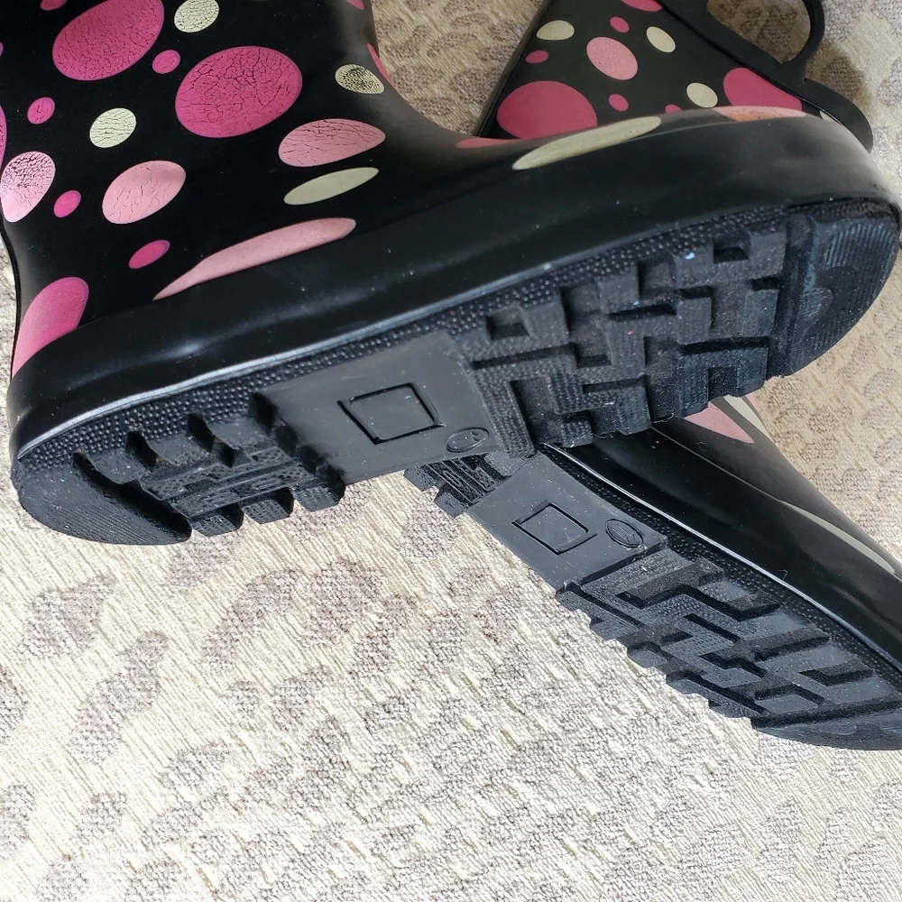 Oaki Kids Black Rain Loop Boots with Pink & White Polka Dots Size 11 Toddler